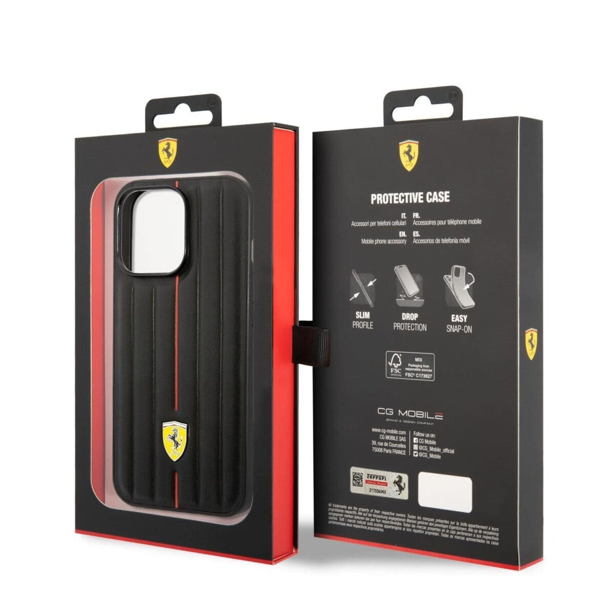 Ferrari Leather Embossed Stripes Black Kryt iPhone 14 Pro