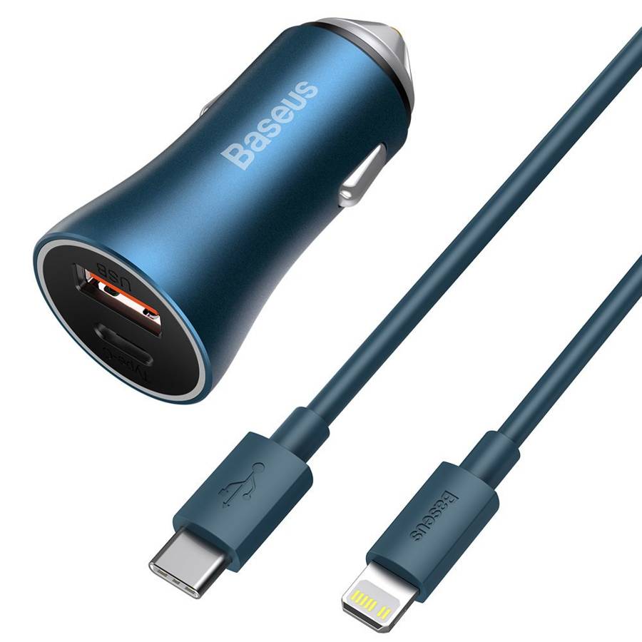 Baseus Golden Contacr Pro Quick Nabíječka Do Auta USB Type C USB 40 W Power Delivery 3.0 Quick Charge 4+ SCP FCP AFC + USB Typ C - Lightning Cable Blue (TZCCJD-03)