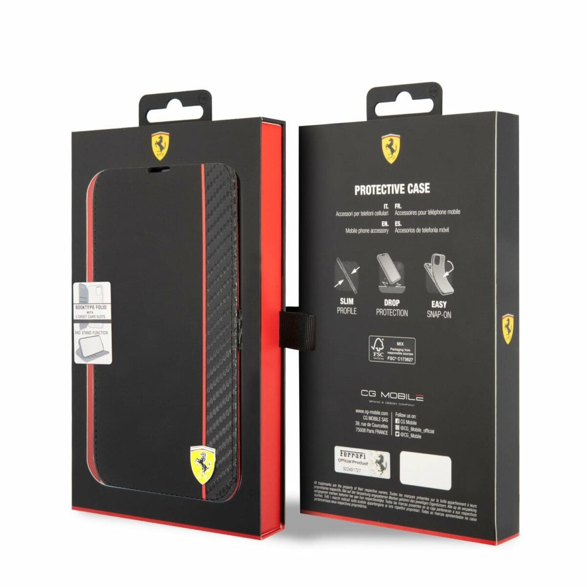 Ferrari Smooth and Carbon Effect Book Kryt iPhone 14 Pro Max Black