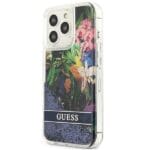 Guess GUHCP13LLFLSB Blue Flower Liquid Glitter Kryt iPhone 13 Pro