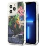 Guess GUHCP13LLFLSB Blue Flower Liquid Glitter Kryt iPhone 13 Pro