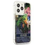 Guess GUHCP13LLFLSB Blue Flower Liquid Glitter Kryt iPhone 13 Pro