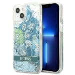 Guess GUHCP13MLFLSN Green Flower Liquid Glitter Kryt iPhone 13