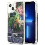 Guess GUHCP13SLFLSB Blue Flower Liquid Glitter Kryt iPhone 13 Mini