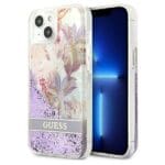 Guess GUHCP13SLFLSU Purple Flower Liquid Glitter Kryt iPhone 13 Mini