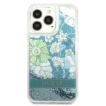 Guess GUHCP13XLFLSN Green Flower Liquid Glitter Kryt iPhone 13 Pro Max