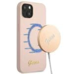 Guess GUHMP13MLSLMGLP Light Pink Silicone Script Gold Logo Magsafe Kryt iPhone 13