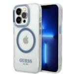 Guess GUHMP14LHTRMB Blue Metal Outline Magsafe Kryt iPhone 14 Pro