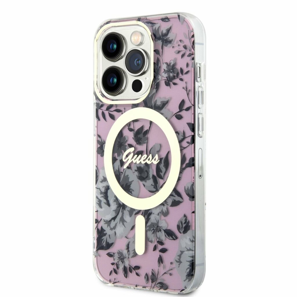 Guess PC/TPU Flowers IML MagSafe Pink Kryt iPhone 14 Pro