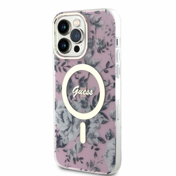 Guess PC/TPU Flowers IML MagSafe Pink Kryt iPhone 14 Pro Max