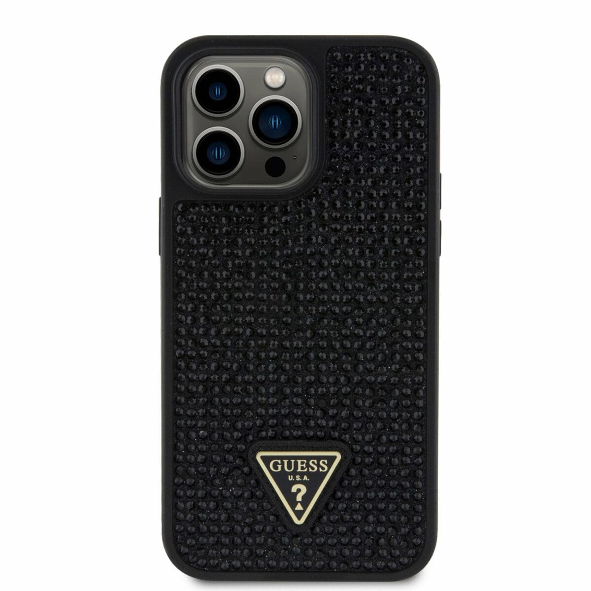 Guess Rhinestones Triangle Metal Logo Black Kryt iPhone 14 Pro Max