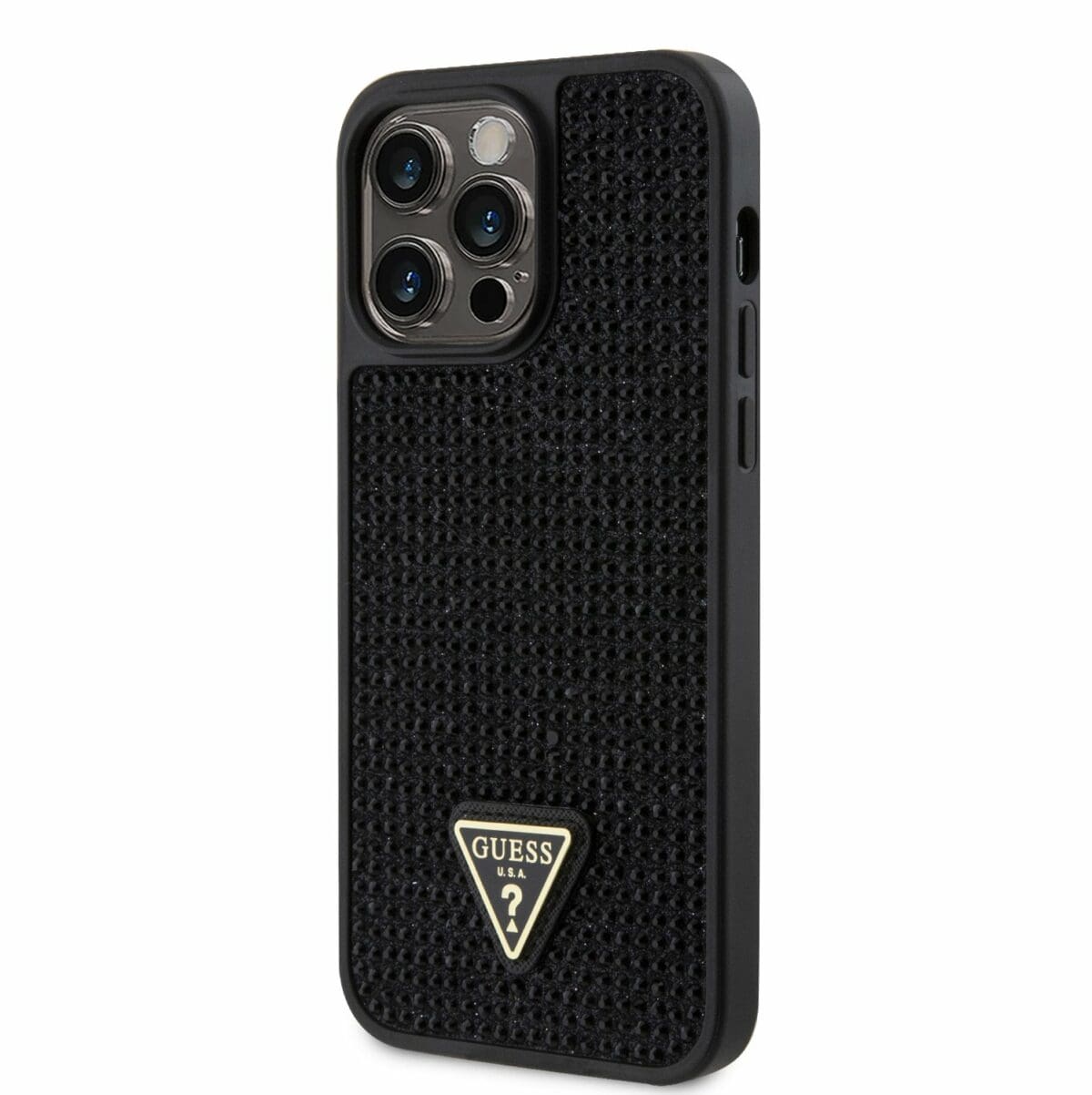 Guess Rhinestones Triangle Metal Logo Black Kryt iPhone 14 Pro Max