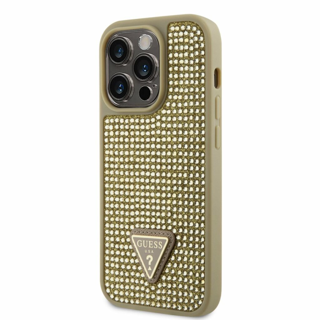 Guess Rhinestones Triangle Metal Logo Gold Kryt iPhone 14 Pro
