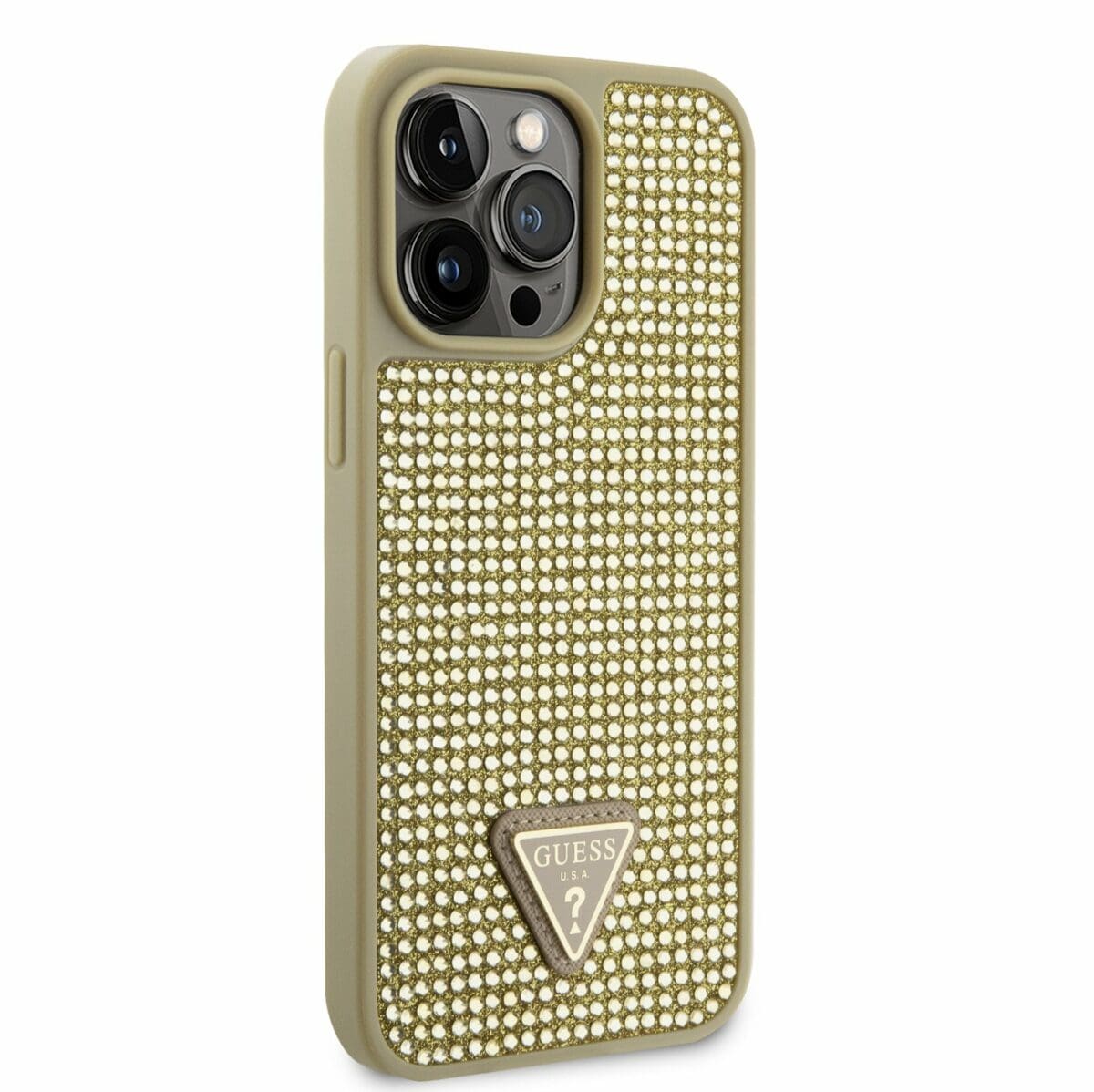 Guess Rhinestones Triangle Metal Logo Gold Kryt iPhone 14 Pro Max