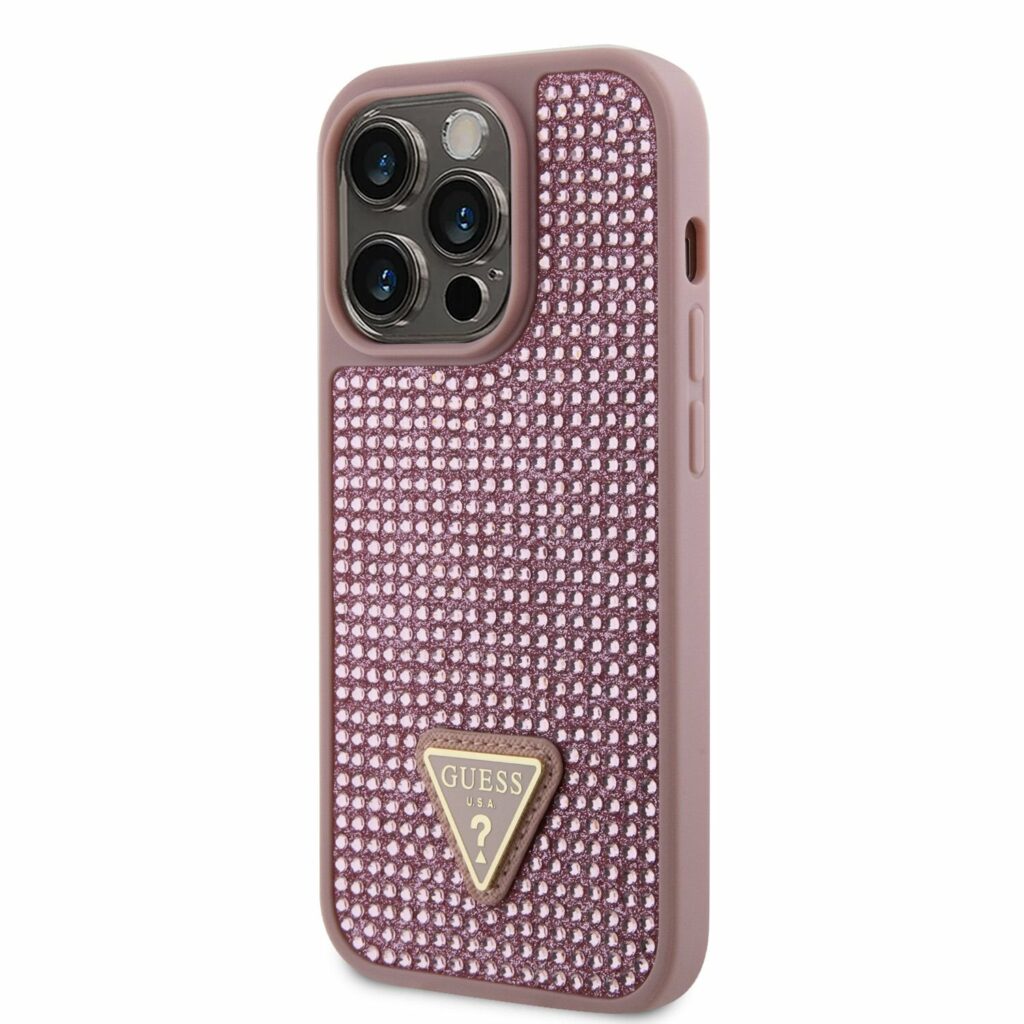 Guess Rhinestones Triangle Metal Logo Pink Kryt iPhone 14 Pro