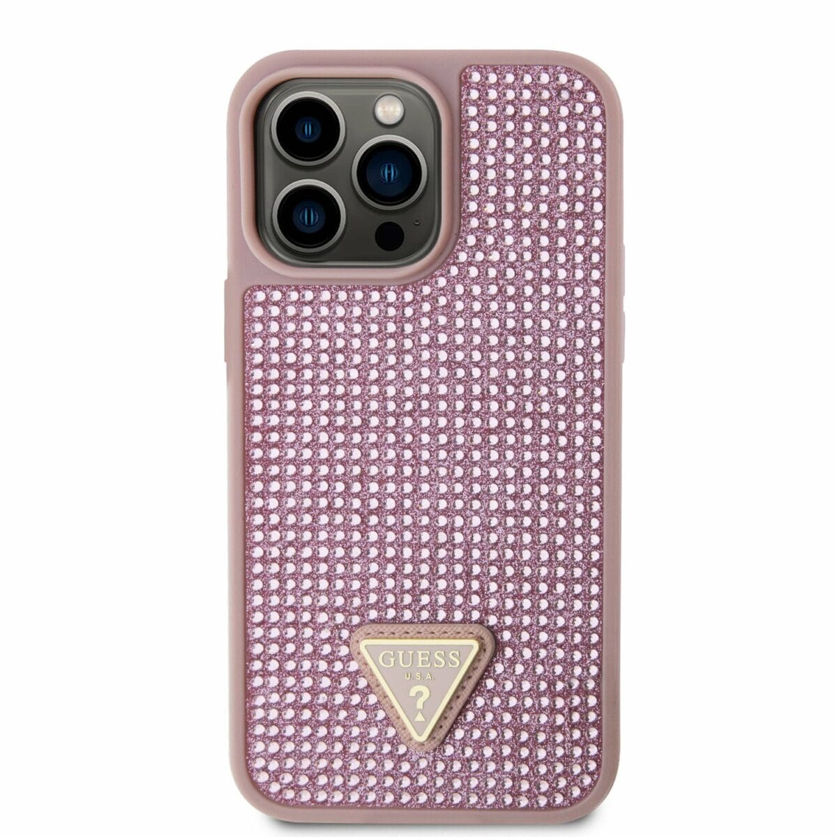 Guess Rhinestones Triangle Metal Logo Pink Kryt iPhone 14 Pro Max