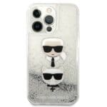 Karl Lagerfeld KLHCP13LKICGLS Silver Liquid Glitter Karl&Choupette Head Kryt iPhone 13 Pro