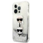 Karl Lagerfeld KLHCP13XKICGLS Silver Liquid Glitter Karl&Choupette Head Kryt iPhone 13 Pro Max