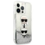 Karl Lagerfeld KLHCP13XKICGLS Silver Liquid Glitter Karl&Choupette Head Kryt iPhone 13 Pro Max