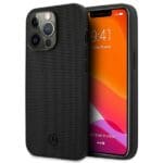Mercedes MEHCP13LMBLBK Black Leather Meshed Metal Logo Kryt iPhone 13 Pro