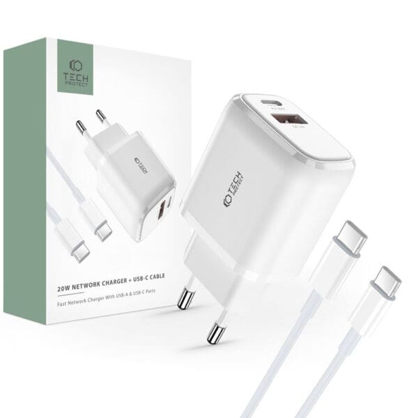 Tech-Protect C20W 2-port Network Charger PD 20W QC 3.0 + USB-C Cable White