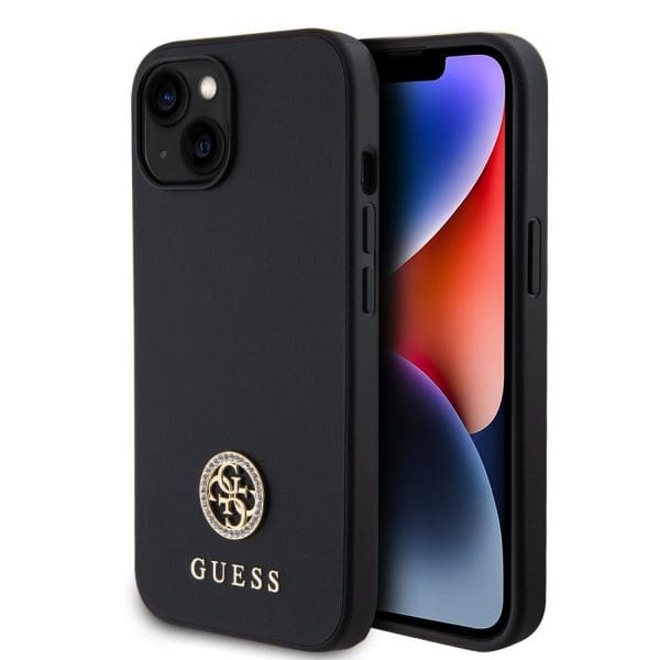 Guess PU 4G Strass Metal Logo Black Kryt iPhone 15