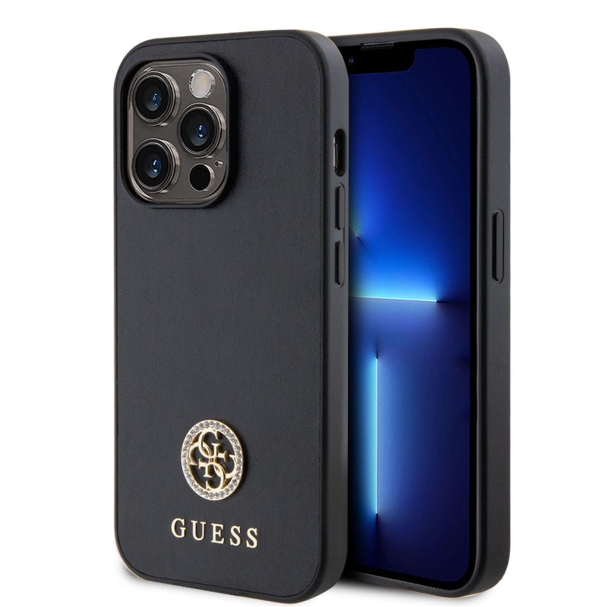 Guess PU 4G Strass Metal Logo Black Kryt iPhone 15 Pro