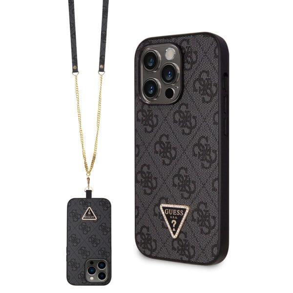 Guess PU 4G Strass Triangle Metal Logo Black Crossbody Popruh + Kryt iPhone 15 Pro Max