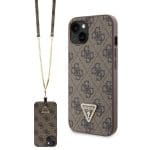 Guess PU 4G Strass Triangle Metal Logo Brown Crossbody Popruh + Kryt iPhone 15