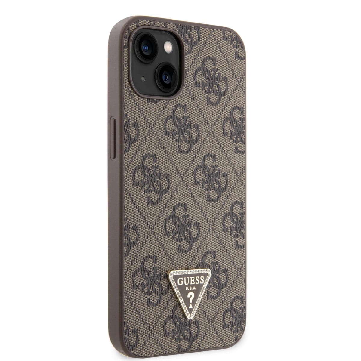 Guess PU 4G Strass Triangle Metal Logo Brown Kryt iPhone 15