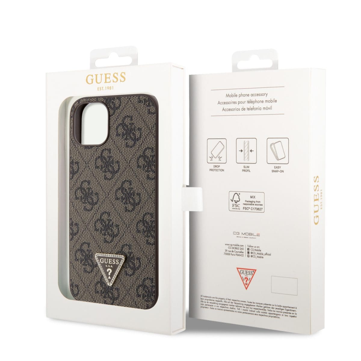 Guess PU 4G Strass Triangle Metal Logo Brown Kryt iPhone 15