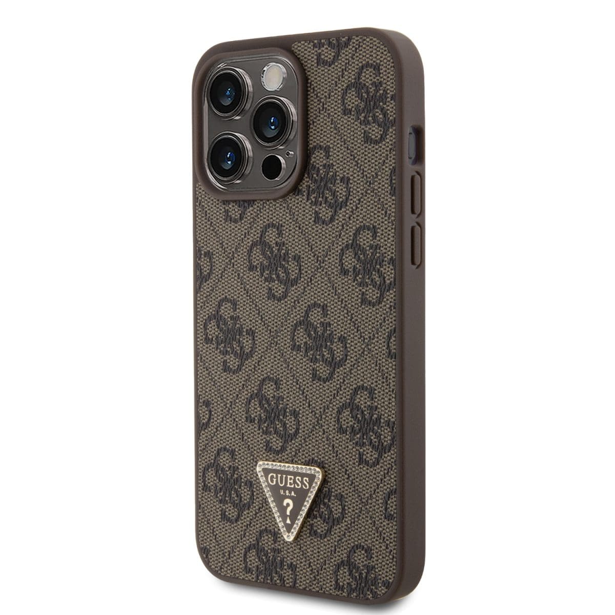 Guess PU 4G Strass Triangle Metal Logo Brown Kryt iPhone 15 Pro Max