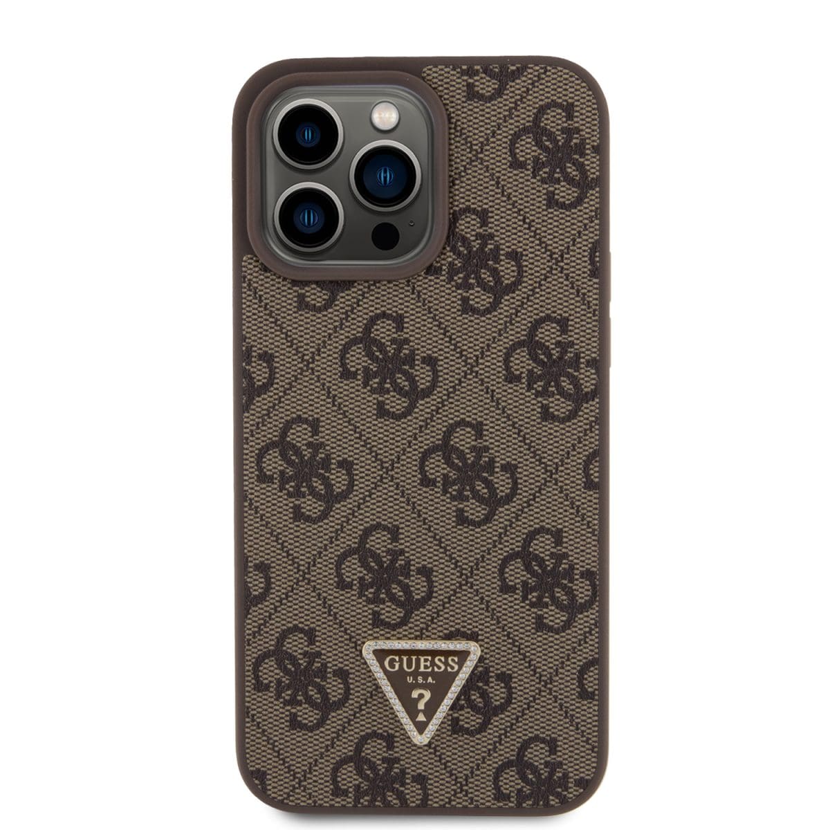 Guess PU 4G Strass Triangle Metal Logo Brown Kryt iPhone 15 Pro Max