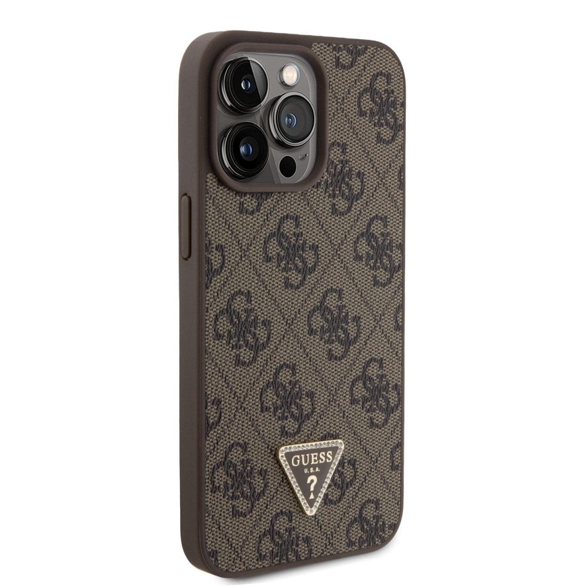 Guess PU 4G Strass Triangle Metal Logo Brown Kryt iPhone 15 Pro Max