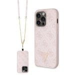 Guess PU 4G Strass Triangle Metal Logo Pink Crossbody Popruh + Kryt iPhone 15 Pro Max