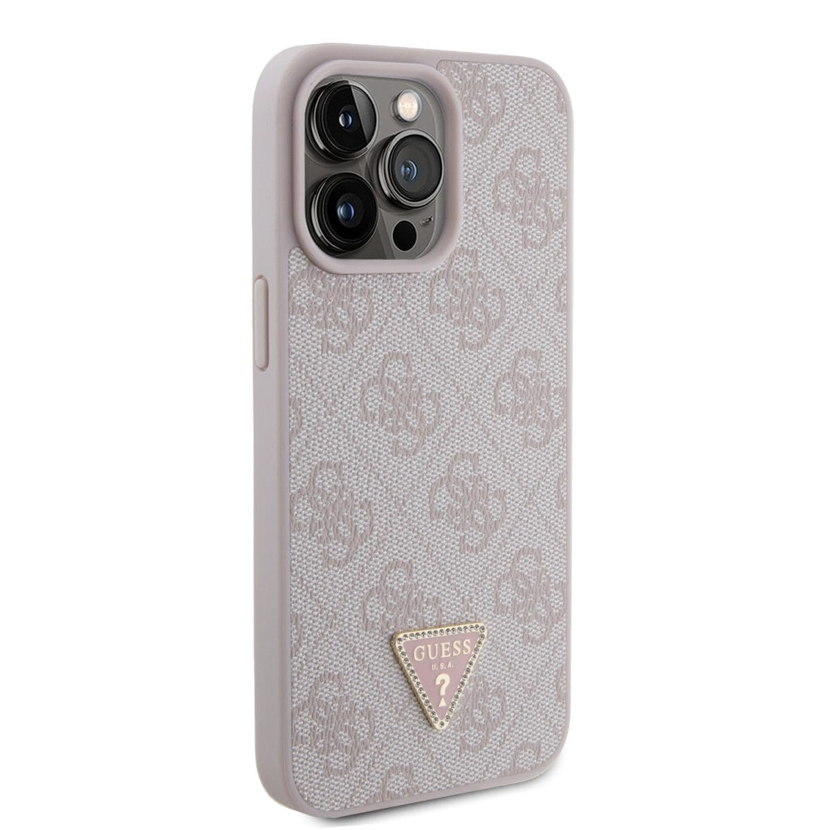 Guess PU 4G Strass Triangle Metal Logo Pink Kryt iPhone 15 Pro Max