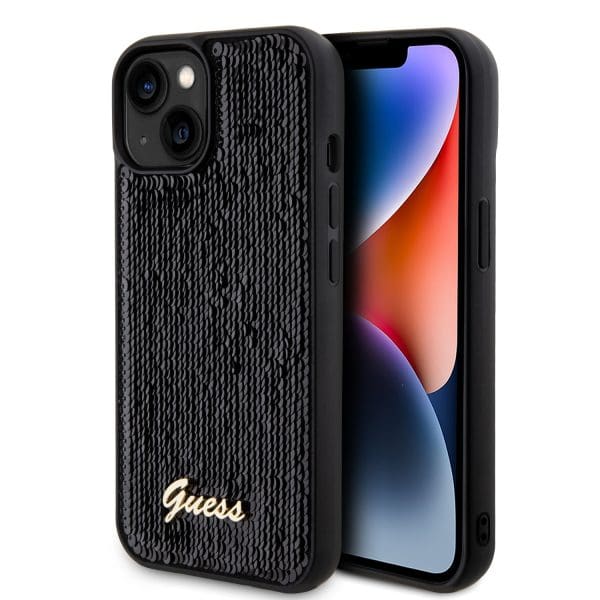 Guess Sequin Script Logo Black Kryt iPhone 15