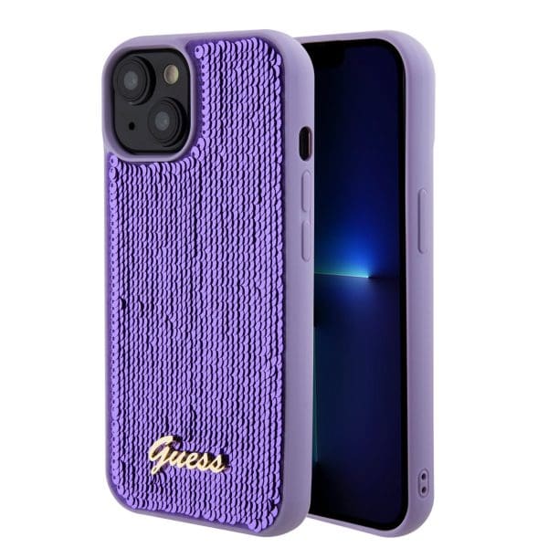 Guess Sequin Script Logo Purple Kryt iPhone 15