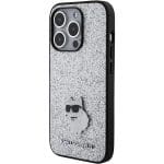 Karl Lagerfeld KLHCP15LGCNPSG Silver Hardcase Fixed Glitter Choupette Logo Metal Pin Kryt iPhone 15 Pro