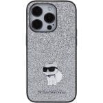 Karl Lagerfeld KLHCP15LGCNPSG Silver Hardcase Fixed Glitter Choupette Logo Metal Pin Kryt iPhone 15 Pro