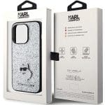 Karl Lagerfeld KLHCP15LGCNPSG Silver Hardcase Fixed Glitter Choupette Logo Metal Pin Kryt iPhone 15 Pro