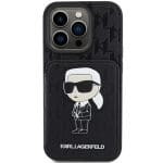 Karl Lagerfeld KLHCP15LSAKKNSCK Black Hardcase Saffiano Cardslots and Stand Monogram Ikonik Patch Kryt iPhone 15 Pro