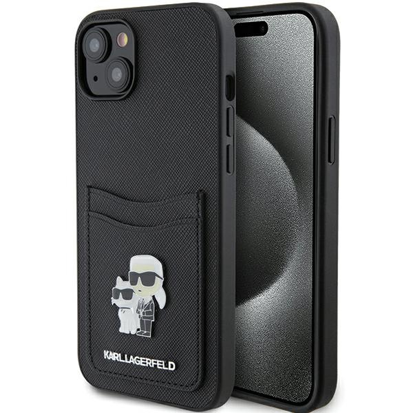 Karl Lagerfeld KLHCP15SSAPKCNPK Black Hardcase Saffiano Cardslot Karl&Choupette Metal Pin Kryt iPhone 15