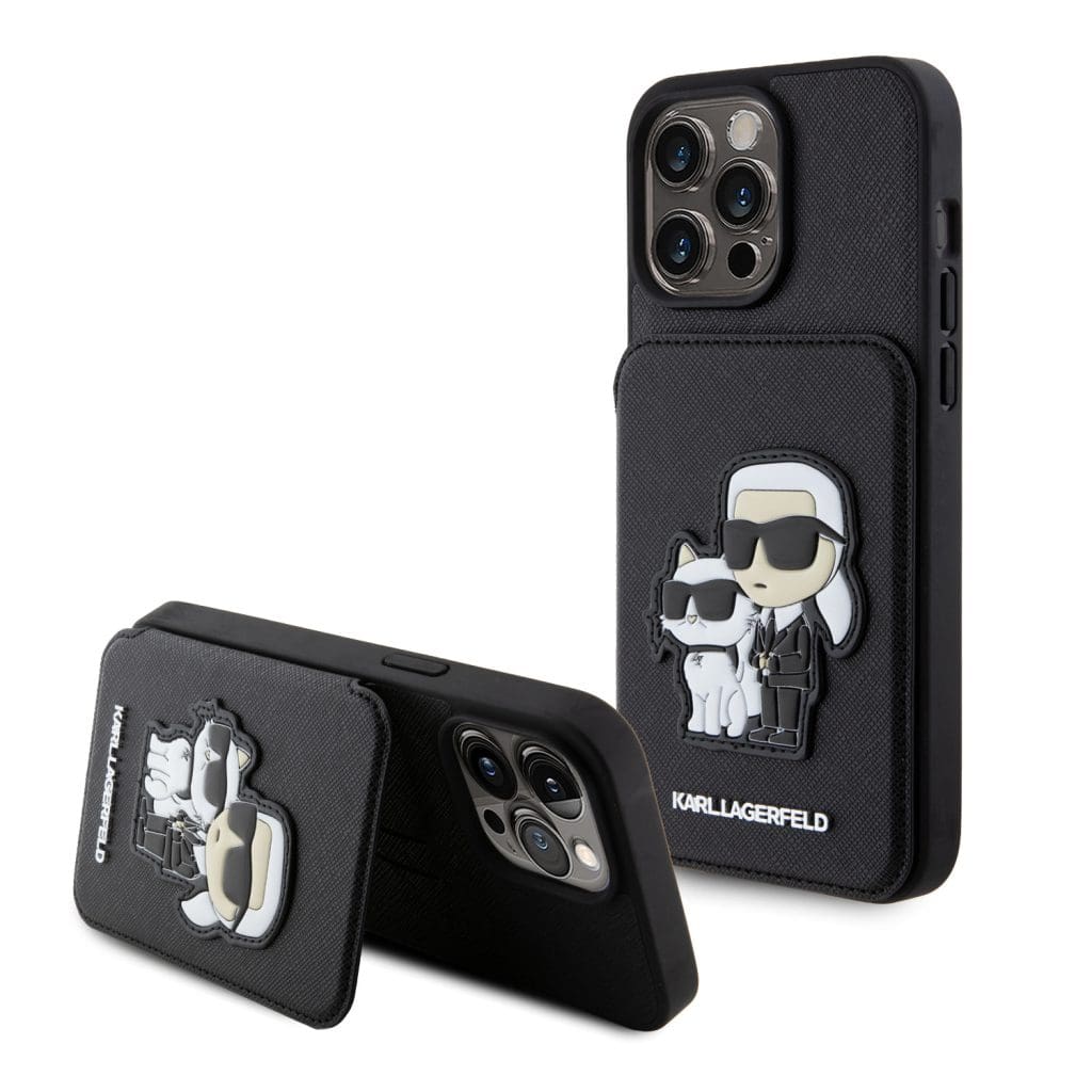 Karl Lagerfeld PU Saffiano Card Slot Stand Karl and Choupette Black Kryt iPhone 15 Pro Max