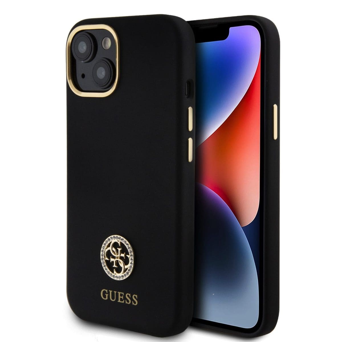 Guess Liquid Silicone 4G Strass Metal Logo Black Kryt iPhone 15