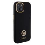 Guess Liquid Silicone 4G Strass Metal Logo Black Kryt iPhone 15