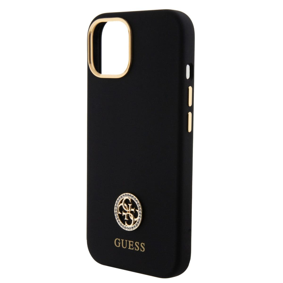 Guess Liquid Silicone 4G Strass Metal Logo Black Kryt iPhone 15