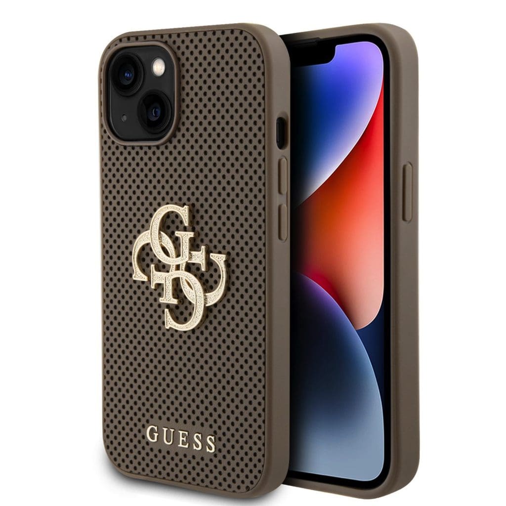 Guess PU Perforated 4G Glitter Metal Logo Taupe Kryt iPhone 15