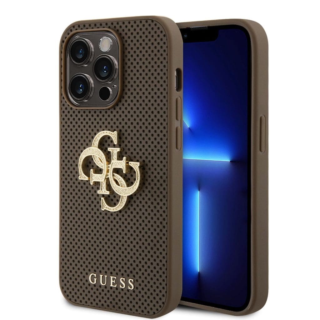 Guess PU Perforated 4G Glitter Metal Logo Taupe Kryt iPhone 15 Pro Max