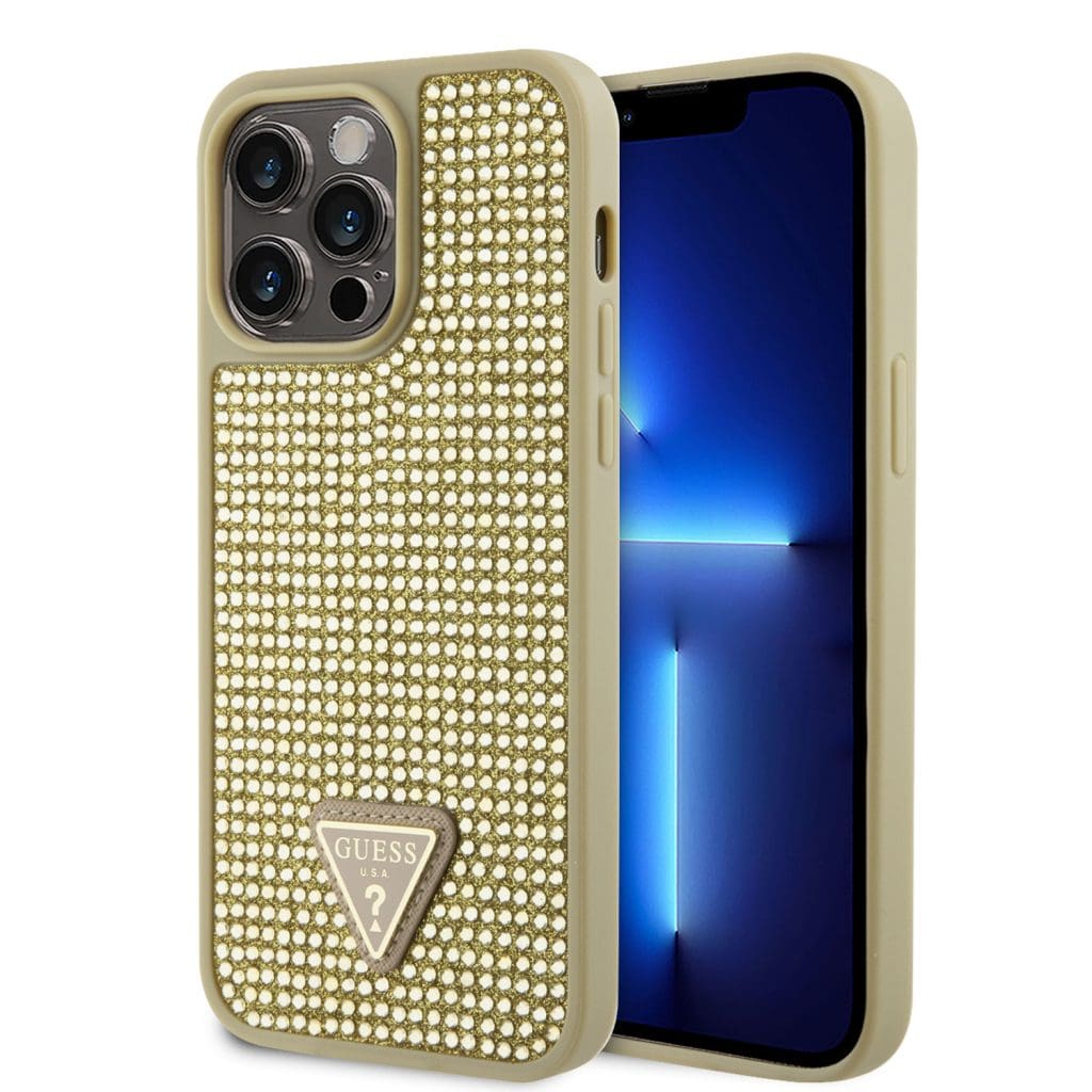 Guess Rhinestones Triangle Metal Logo Gold Kryt iPhone 15 Pro Max